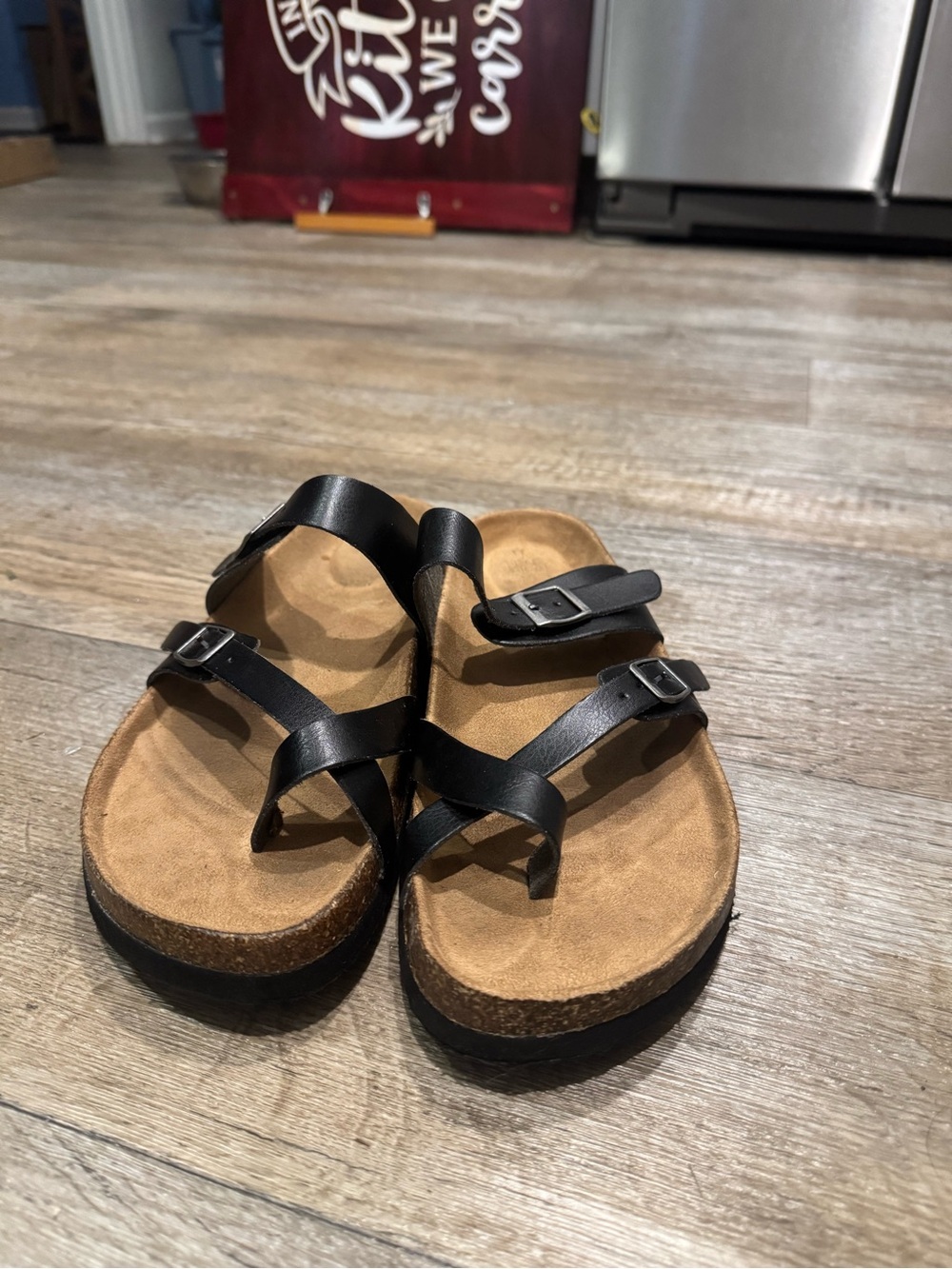 Time and Tru Black Strappy Cork Footbed Sandals